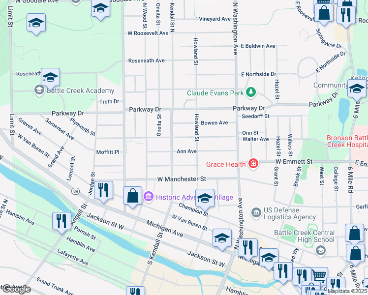 map of restaurants, bars, coffee shops, grocery stores, and more near 123 Greenwood Avenue in Battle Creek