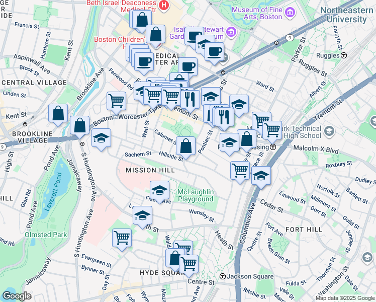 map of restaurants, bars, coffee shops, grocery stores, and more near Calumet St & St Alphonsus St in Boston