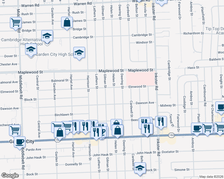 map of restaurants, bars, coffee shops, grocery stores, and more near 6310 Helen Street in Garden City
