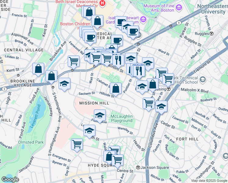 map of restaurants, bars, coffee shops, grocery stores, and more near 101 Calumet Street in Boston