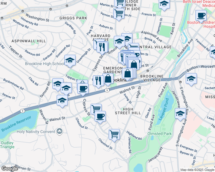 map of restaurants, bars, coffee shops, grocery stores, and more near 11 Leverett Street in Brookline