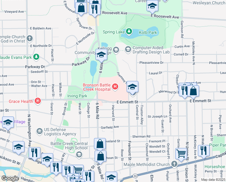 map of restaurants, bars, coffee shops, grocery stores, and more near 300 North Avenue in Battle Creek