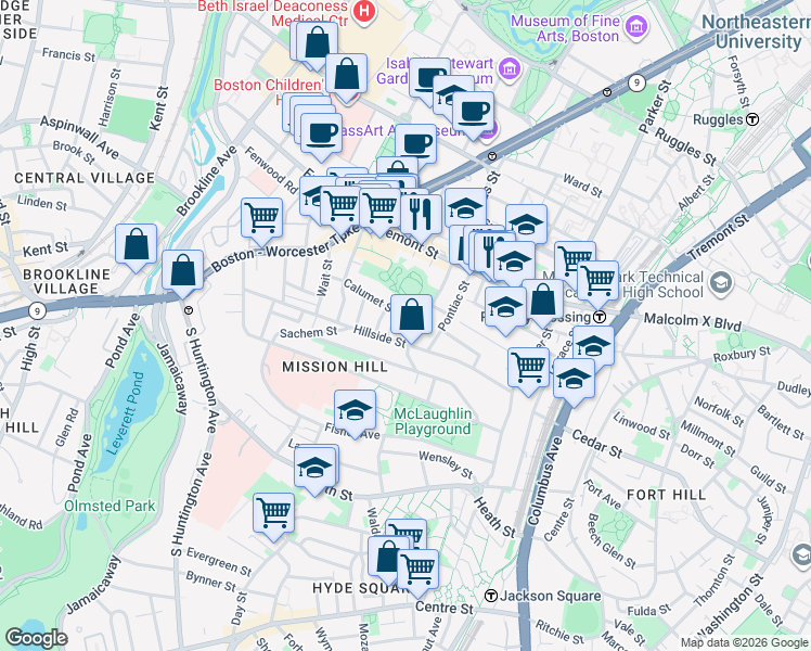 map of restaurants, bars, coffee shops, grocery stores, and more near 101 Calumet Street in Boston