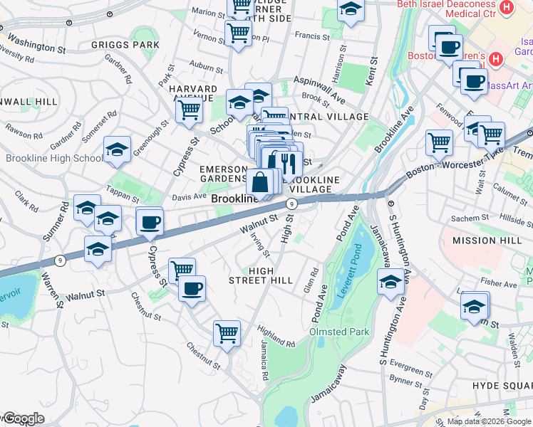 map of restaurants, bars, coffee shops, grocery stores, and more near 68 Boylston Street in Brookline