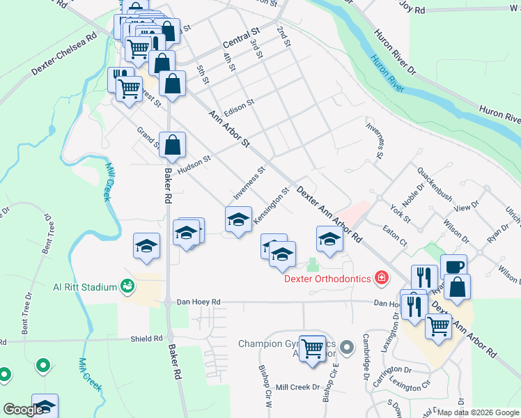 map of restaurants, bars, coffee shops, grocery stores, and more near 7531 Forest Street in Dexter