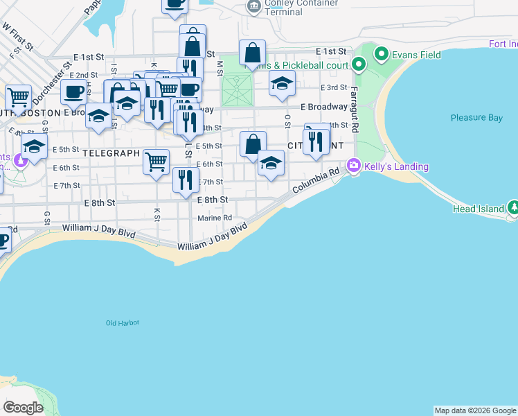 map of restaurants, bars, coffee shops, grocery stores, and more near 202 N Street in Boston