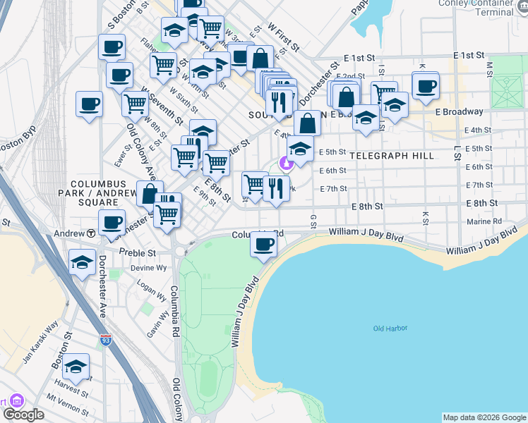 map of restaurants, bars, coffee shops, grocery stores, and more near 99 Old Harbor Street in Boston