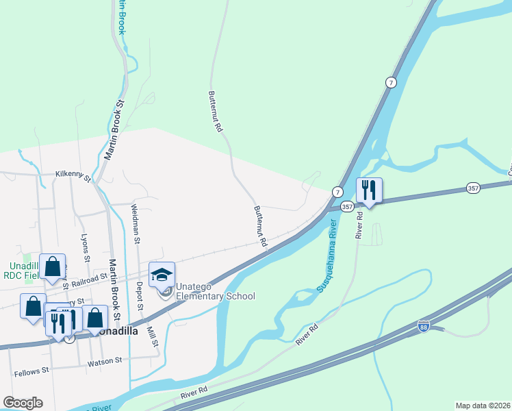 map of restaurants, bars, coffee shops, grocery stores, and more near 11 Butternut Road in Unadilla