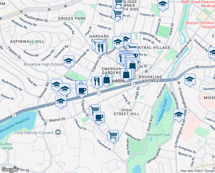 map of restaurants, bars, coffee shops, grocery stores, and more near 88 Davis Avenue in Brookline