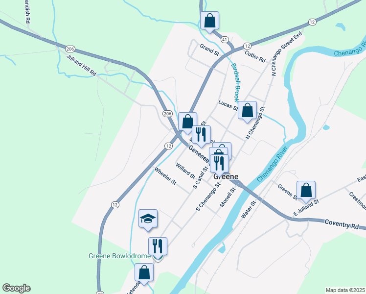 map of restaurants, bars, coffee shops, grocery stores, and more near 73 Genesee Street in Greene