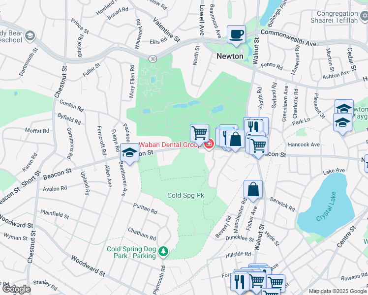 map of restaurants, bars, coffee shops, grocery stores, and more near 1200 Beacon Street in Newton