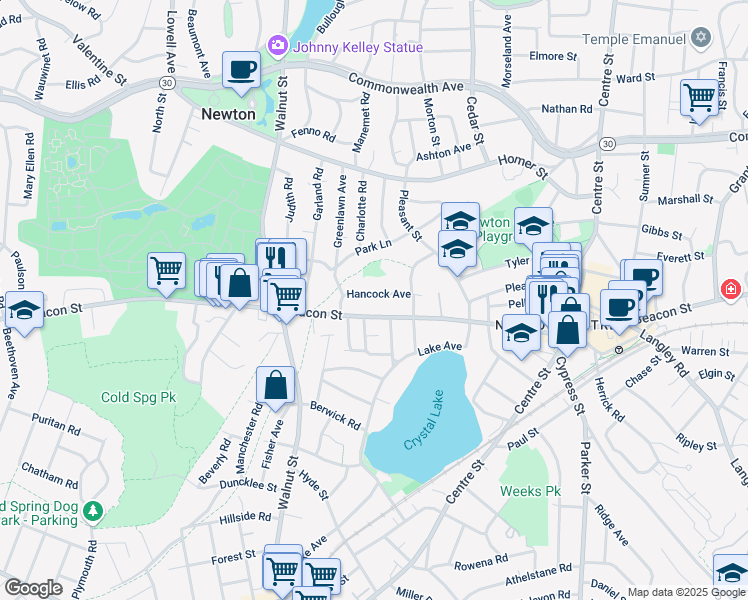 map of restaurants, bars, coffee shops, grocery stores, and more near 65 Hancock Avenue in Newton