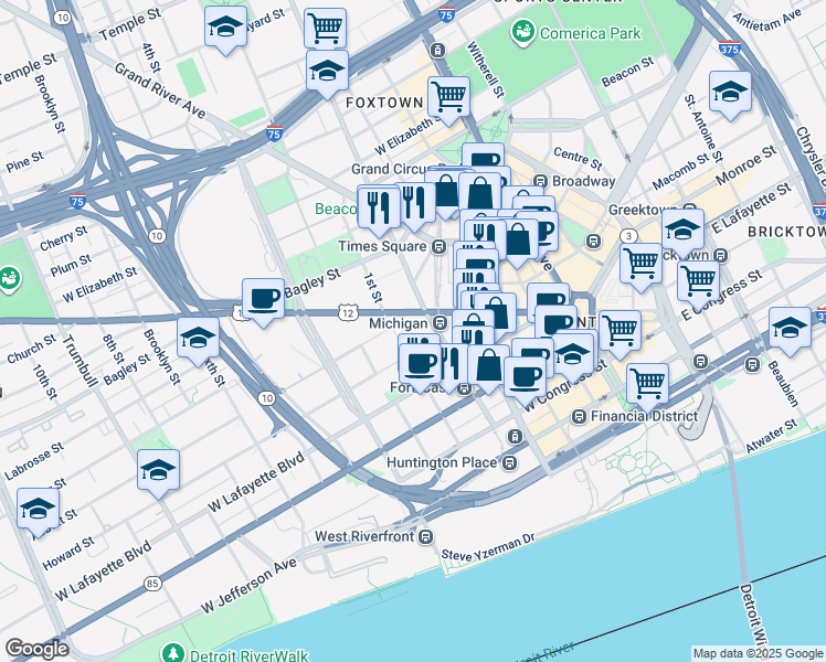 map of restaurants, bars, coffee shops, grocery stores, and more near 477 Michigan Avenue in Detroit