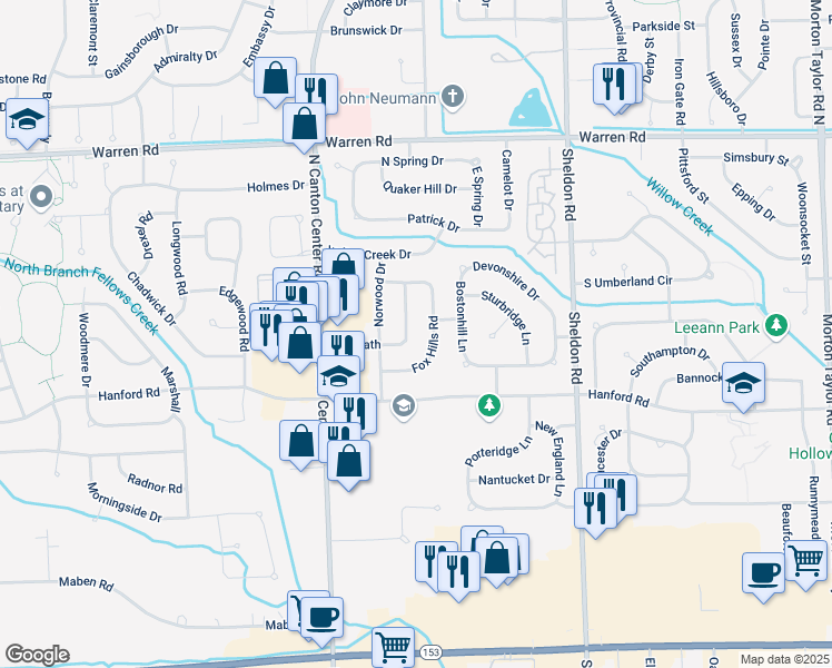 map of restaurants, bars, coffee shops, grocery stores, and more near 6800 Fox Hills Road in Canton