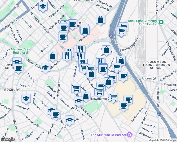 map of restaurants, bars, coffee shops, grocery stores, and more near 115 Southampton Street in Boston