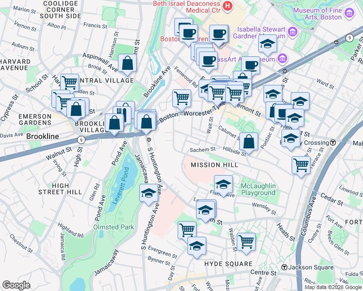 map of restaurants, bars, coffee shops, grocery stores, and more near 11 Sunset Street in Boston