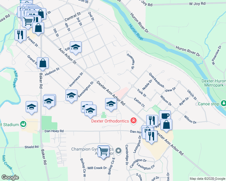 map of restaurants, bars, coffee shops, grocery stores, and more near 3407 Huron View Court in Dexter