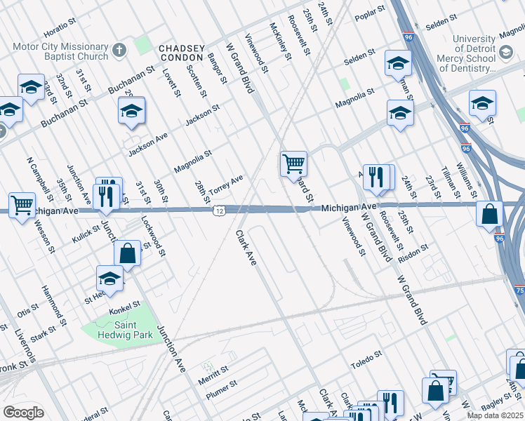 map of restaurants, bars, coffee shops, grocery stores, and more near Michigan Avenue in Detroit