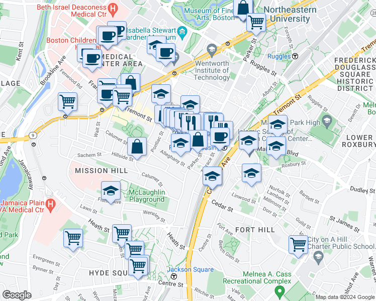 map of restaurants, bars, coffee shops, grocery stores, and more near 27 Delle Avenue in Boston