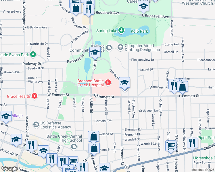 map of restaurants, bars, coffee shops, grocery stores, and more near 300 North Avenue in Battle Creek