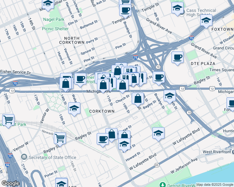map of restaurants, bars, coffee shops, grocery stores, and more near 1623 Michigan Avenue in Detroit