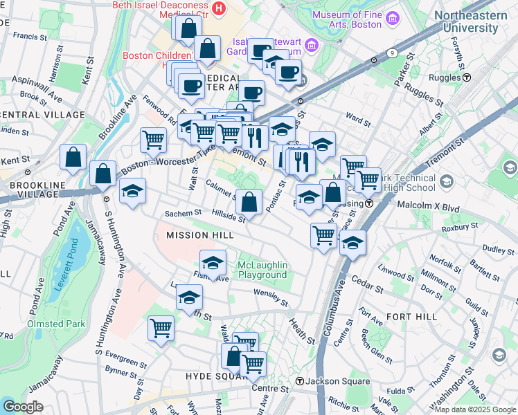 map of restaurants, bars, coffee shops, grocery stores, and more near 101 Calumet Street in Boston