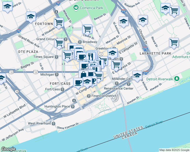 map of restaurants, bars, coffee shops, grocery stores, and more near 660 Woodward Avenue in Detroit