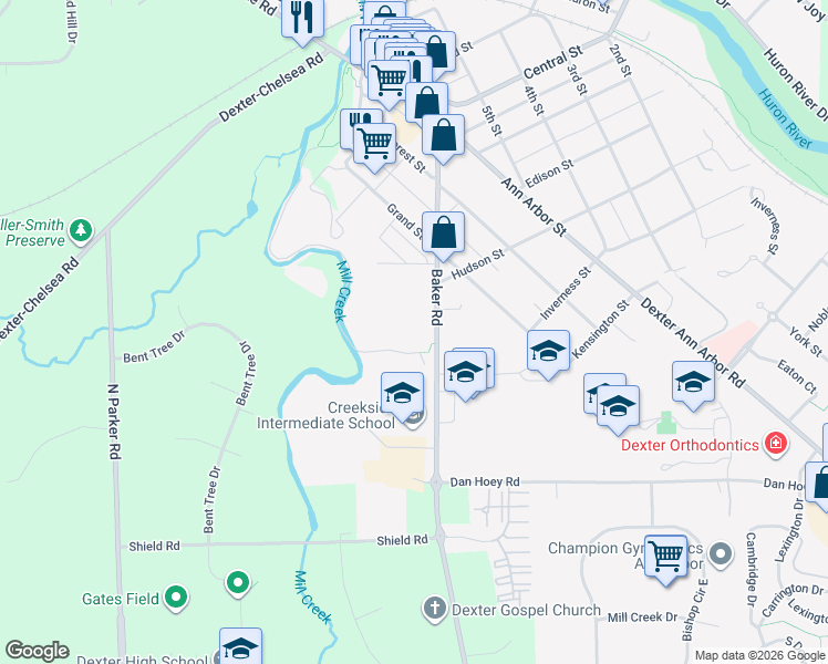 map of restaurants, bars, coffee shops, grocery stores, and more near 2801 Baker Road in Dexter