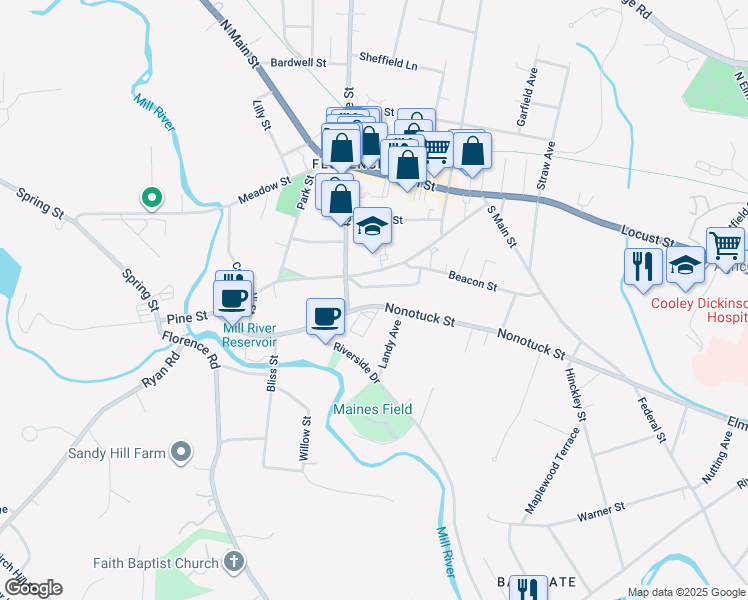 map of restaurants, bars, coffee shops, grocery stores, and more near 191 Nonotuck Street in Northampton