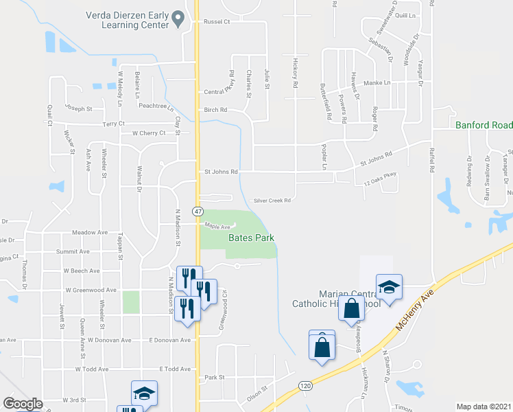 map of restaurants, bars, coffee shops, grocery stores, and more near 618 Silver Creek Road in Woodstock