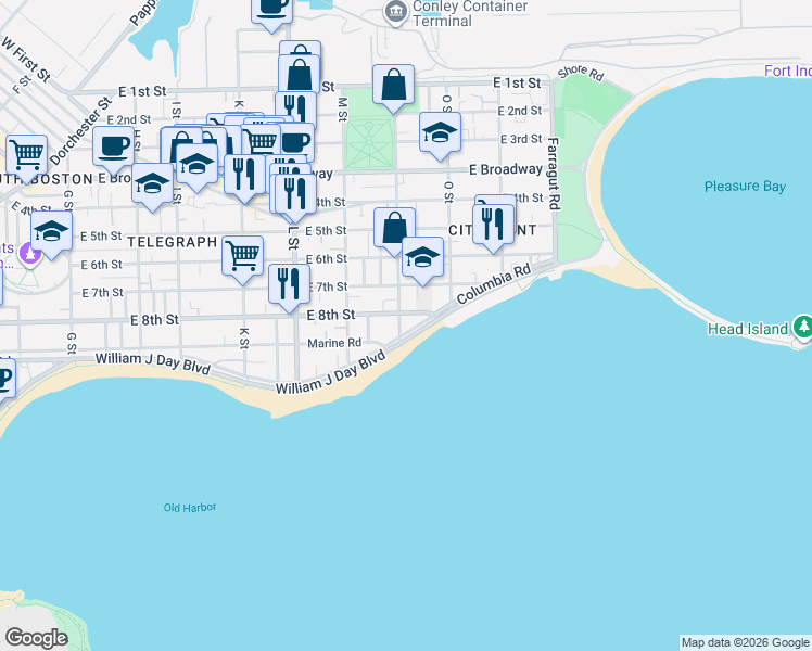 map of restaurants, bars, coffee shops, grocery stores, and more near 202 N Street in Boston