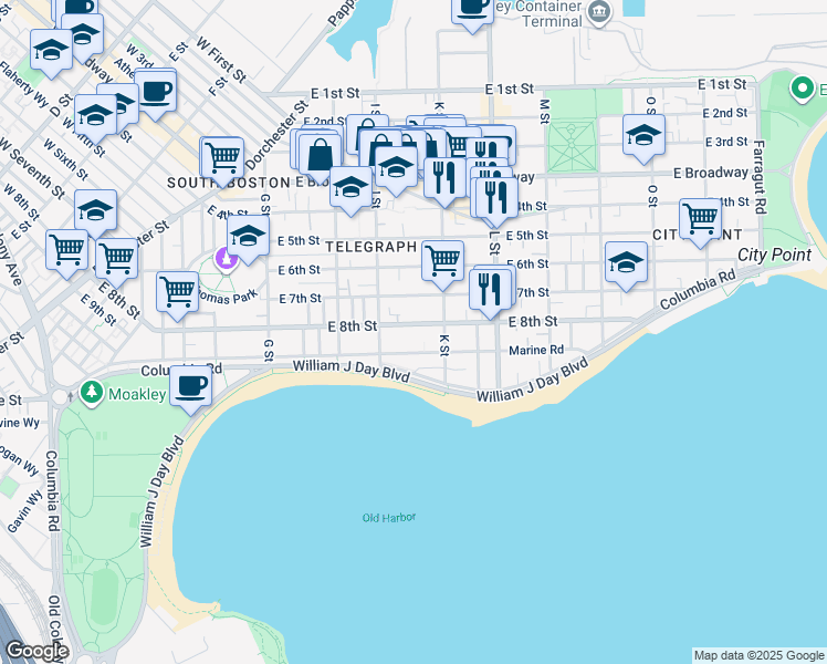 map of restaurants, bars, coffee shops, grocery stores, and more near 582 H East 8th Street in Boston