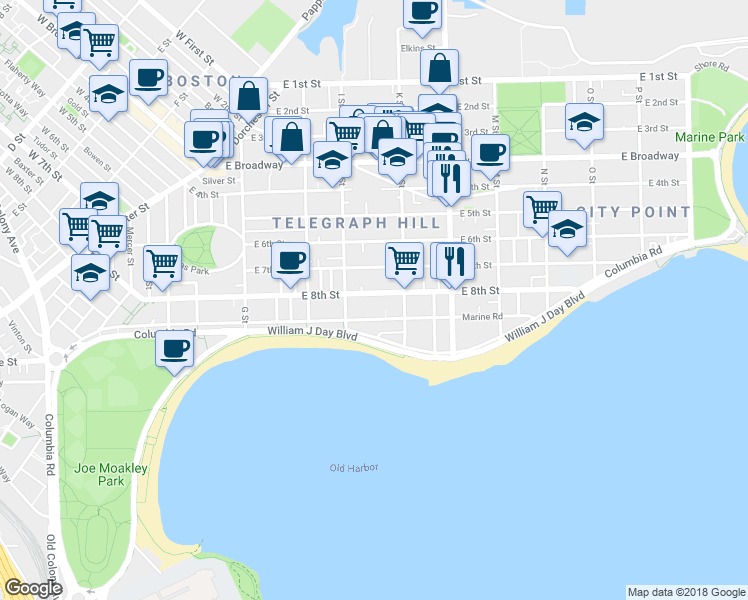 map of restaurants, bars, coffee shops, grocery stores, and more near 582-1/2 East 8th Street in Boston