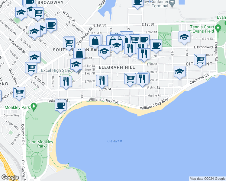 map of restaurants, bars, coffee shops, grocery stores, and more near in Boston