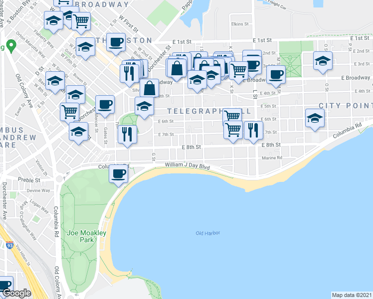 map of restaurants, bars, coffee shops, grocery stores, and more near 500-A East 8th Street in Boston