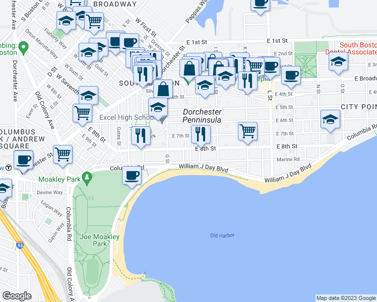 map of restaurants, bars, coffee shops, grocery stores, and more near 454 East 8th Street in Boston