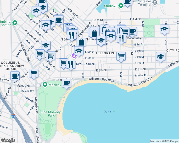 map of restaurants, bars, coffee shops, grocery stores, and more near 454 East 8th Street in Boston