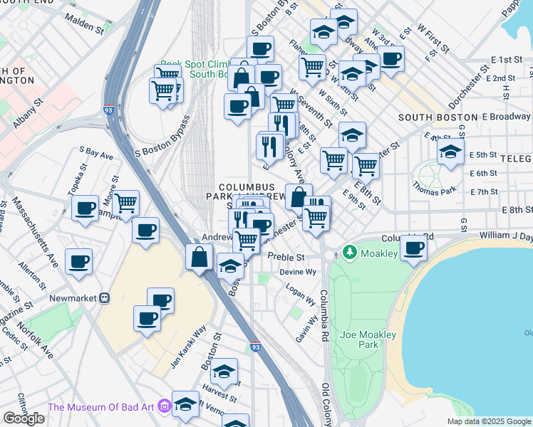 map of restaurants, bars, coffee shops, grocery stores, and more near 21 Woodward Street in Boston