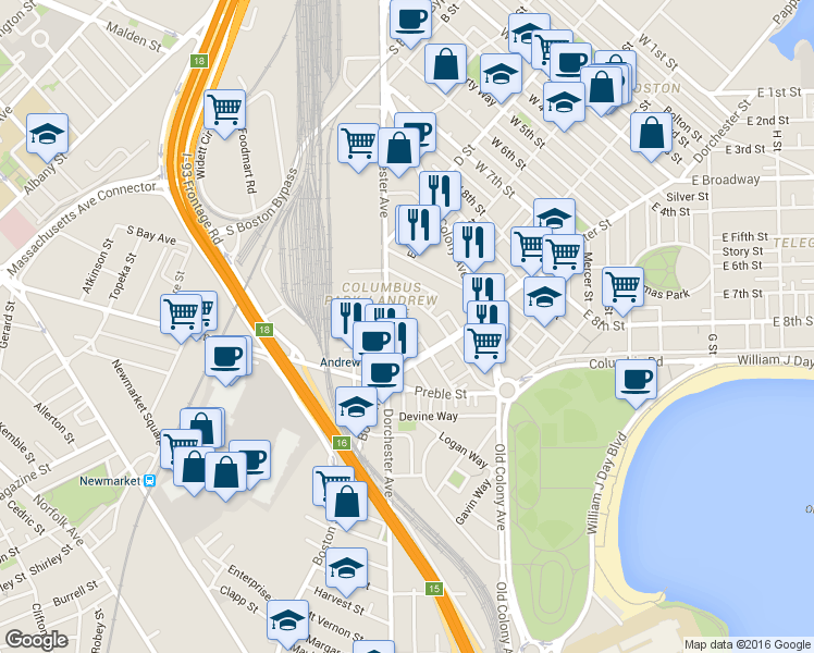 map of restaurants, bars, coffee shops, grocery stores, and more near in Boston