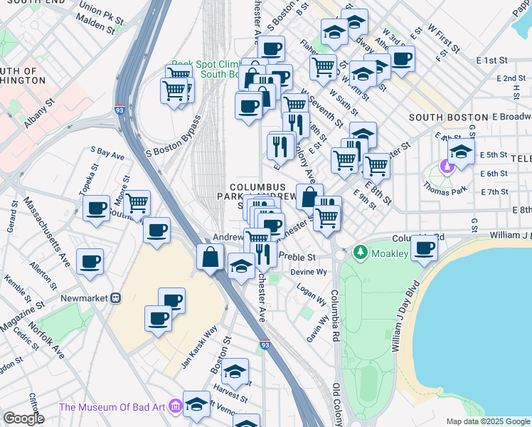 map of restaurants, bars, coffee shops, grocery stores, and more near 21 Woodward Street in Boston