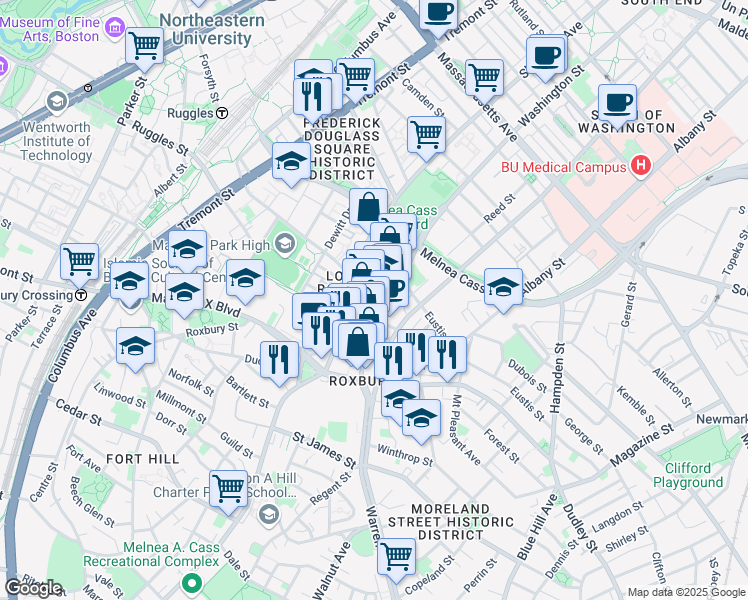 map of restaurants, bars, coffee shops, grocery stores, and more near 2249 Washington Street in Boston