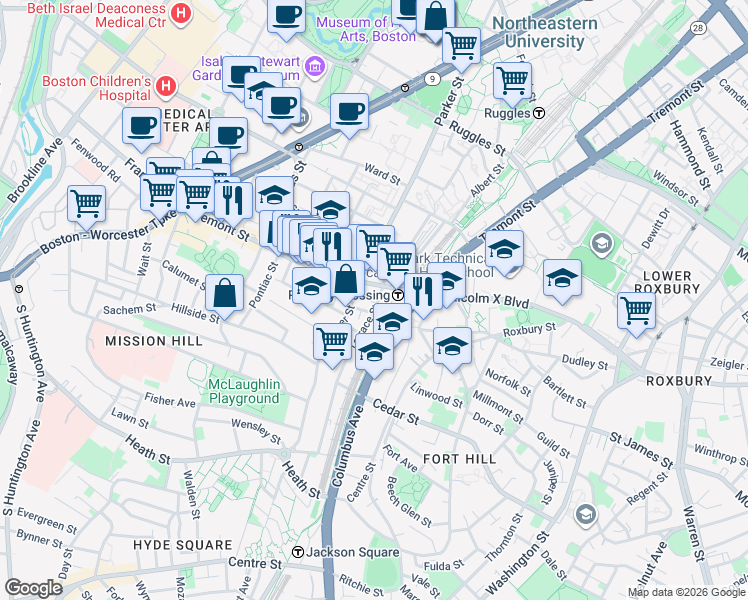 map of restaurants, bars, coffee shops, grocery stores, and more near 3 Morton Place in Boston