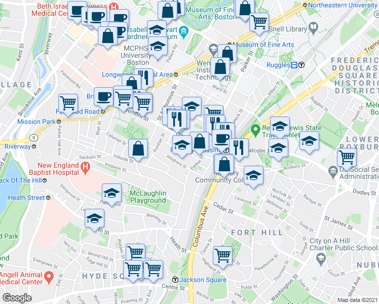 map of restaurants, bars, coffee shops, grocery stores, and more near in Boston
