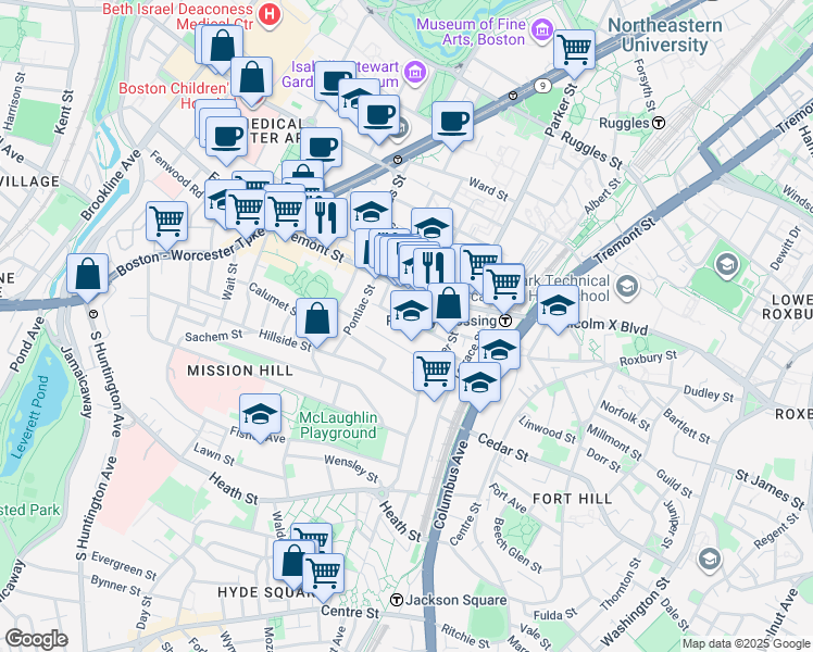 map of restaurants, bars, coffee shops, grocery stores, and more near 19A Burney Street in Boston