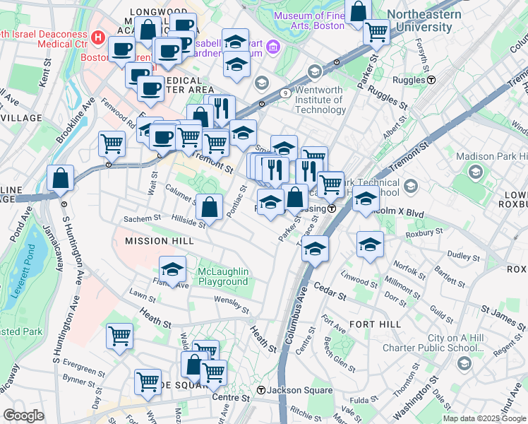 map of restaurants, bars, coffee shops, grocery stores, and more near 19A Burney Street in Boston