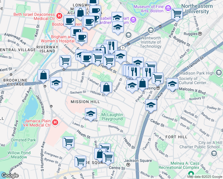 map of restaurants, bars, coffee shops, grocery stores, and more near 40 Pontiac Street in Boston