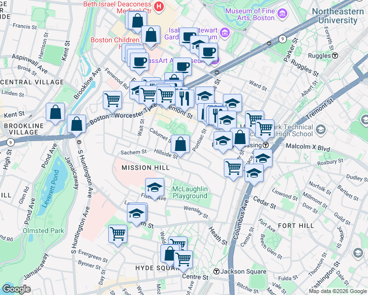 map of restaurants, bars, coffee shops, grocery stores, and more near 101 Calumet Street in Boston