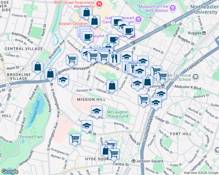 map of restaurants, bars, coffee shops, grocery stores, and more near 101 Calumet Street in Boston