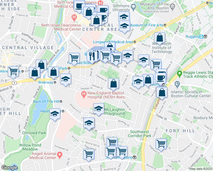 map of restaurants, bars, coffee shops, grocery stores, and more near 5 Oswald Street in Boston