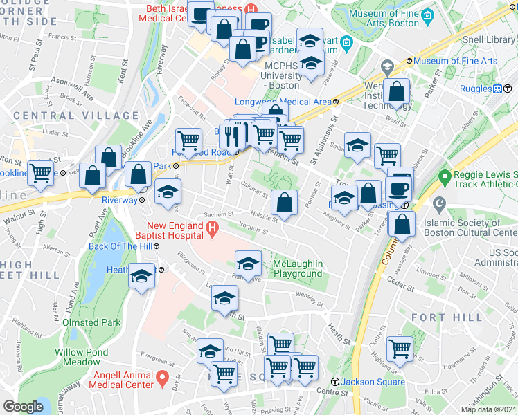 map of restaurants, bars, coffee shops, grocery stores, and more near 5 Oswald Street in Boston